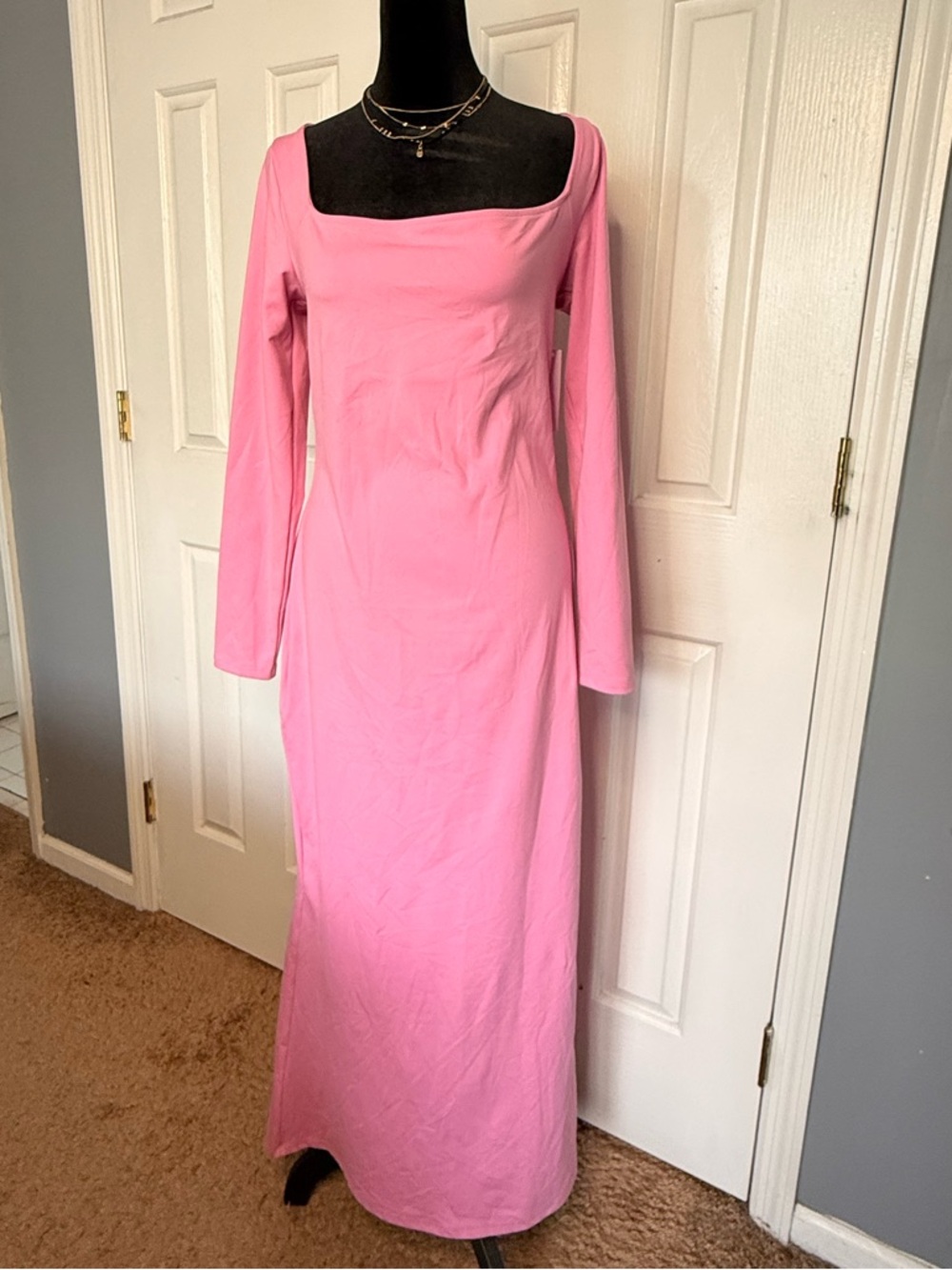 Wild Fable Pink ButterBliss Maxi Dress Square Neck Long Sleeve Bodycon Size L